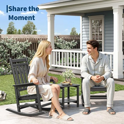 Garvee HDPE Rocking Chair Outdoor Set of 2 with Side Table - Poly High Back Porch Rocker Chairs for Adults - All Weather Resistant Furniture for Patio Front Porch - Black