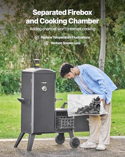 VEVOR Charcoal Offset Smoker, Heavy-Duty Steel BBQ Offset Smoker with Side Firebox, Movable Outdoor Barbecue Smokers with 6 Adjustable Grates, Thermometer & Air Vents for Backyard Patio Party Cooking