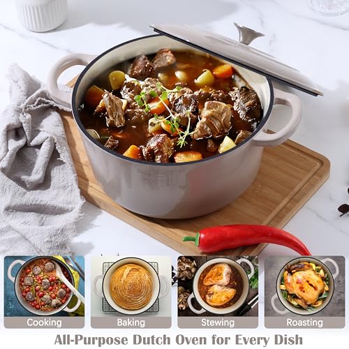 E-far Enameled Dutch Oven Pot for Bread Baking, 6QT Enameled Cast Iron Cookware with Self-Basting Lid & Sourdough Bread Baking Supplies, Heavy Duty Casserole Pot & Dual Handles-Khaki