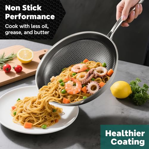 Wok Pan, 13-Inch Stainless Steel Woks & Stir-Fry Pans Nonstick, Wok Pan with Lid for Induction, Hybrid，Electric, Gas, Halogen, All Stoves, Professional PFOA Free Cookware, Dishwasher & Fast Heat