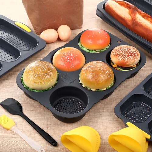 Reallnaive 8 Pcs Silicone Baguette Hamburger Bun Baking Pan Set 4 6 9 Cup French Bun Mold 3 Cup Nonstick Baguette Bread Pan with Tool for Homemade Bread Loaf Sandwich Microwave