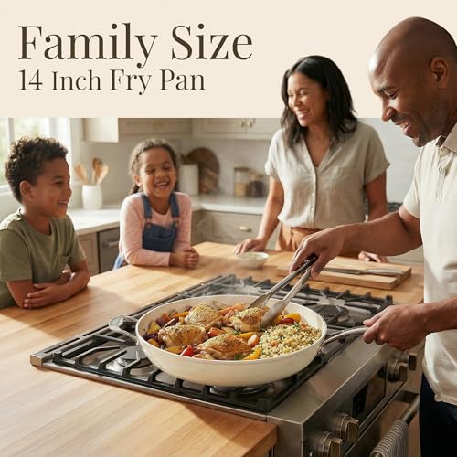 GOTHAM STEEL Cream 14 Inch Non Stick Frying Pans, Large Family Sized Nonstick Cooking Pan Skillet, Nonstick, 100% PFOA Free Ceramic Coating, Oven and Dishwasher Safe, Cream White