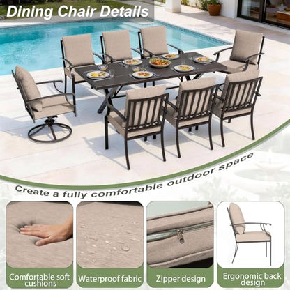 ASJMR 10 Piece Outdoor Dining Set for 8, Patio Table and Chairs Set with Umbrella, Metal Patio Furniture Set with 2 Swivel Chairs, Outdoor Table and Chairs with Cushions for Lawn, Garden, Yard-Sand