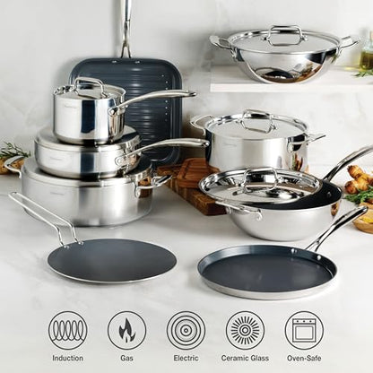 Tramontina Utsava Tri-Ply Clad Stainless Steel 6.5-Quart Casserole with Lid and Ceramic Non Stick Interior, Induction-Ready Large Braiser Pan