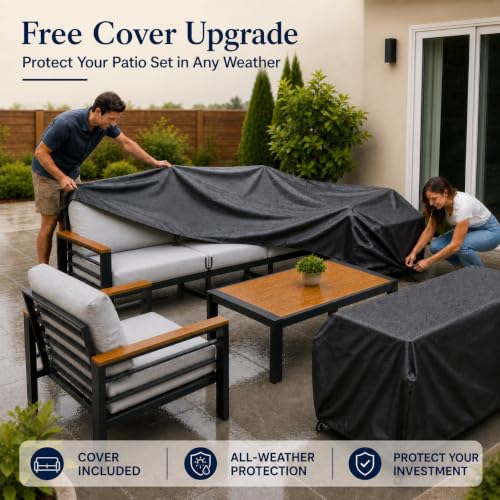 Relax Tree Aluminum Outdoor Patio Furniture, 5 Piece 7-Seat Conversation Set with 2 Chairs, Loveseat, 3-Seat Sofa and Coffee Table, Thick Cushions, Waterproof Covers, Gray