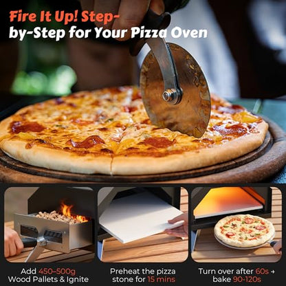 Pizza Oven Outdoor With a Thermometer, Portable Wood Fire Pizza Oven Stainless Steel Pizza Maker for Backyard or Outside Camping, Pizza Stone(11.25inch*11.25inch)