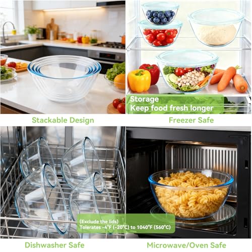 YUANYE 4 Pack Glass Mixing Bowls with Lids Set (3/1.7/0.9/0.6QT),Thick Glass Large Salad Bowl Set, Nesting Kitchen Bowls for Serving, Prepping, Cooking and Baking, Dishwasher, Oven,Microwave Safe