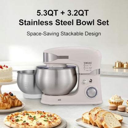 Newiceaid 6-Speed 5.3QT+3.2QT Two-Bowl Stand Mixer, Creamy White