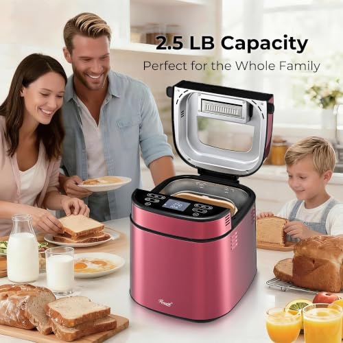 Rosewill 25-in-1 Automatic Bread Maker with Built-in Digital Scale, 3 Loaf Size up to 2.5LB, Beginner-Friendly w/ 700W High Power Dual Heater System, BPA-Free Nonstick Coating Pan - Pink Peppercorn