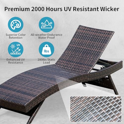 Folding Patio Chaise Lounge (Set of 1 Chair), Foldable Long Reclining Patio Seating Chairs, Outdoor Wicker Lounge Chair, Rattan Chaise Lounge Lawn Sunbathing Chairs Beach Pool Backrest Recliners
