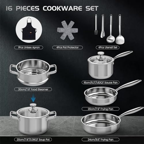 Meythway Pots and Pans Set Non Toxic, 16PCs Stainless Steel Cookware Set with Steamer, Kitchen Induction Cookware with Utensil Sets, Pot Protectors and Apron For Oven & Dishwasher Safe