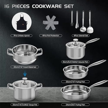 Meythway Pots and Pans Set Non Toxic, 16PCs Stainless Steel Cookware Set with Steamer, Kitchen Induction Cookware with Utensil Sets, Pot Protectors and Apron For Oven & Dishwasher Safe