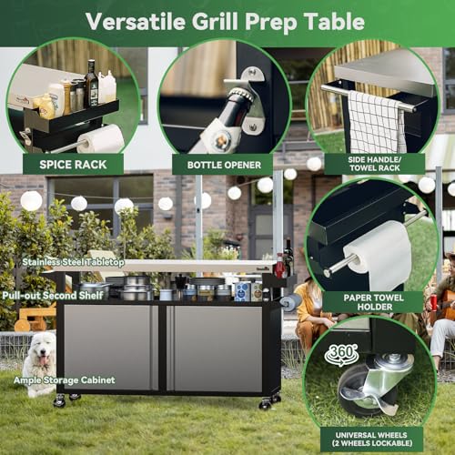 Stanbroil Rolling Outdoor Kitchen Island, BBQ Grill Cart with Stainless Steel Table Top, Double-Door Storage Cabinet & Pull-Out Shelf, Grill Table Cart for Outdoor Indoor, Large