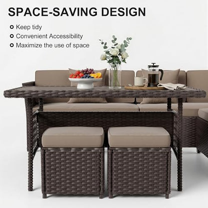 7 Pieces Patio Furniture Set, Patio Sectional with Dining Table & Ottoman