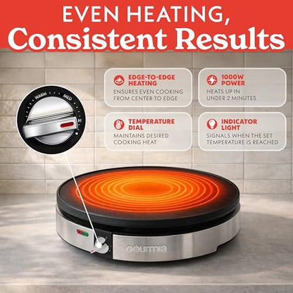 Gourmia 12” Crepe Maker – Nonstick Electric Griddle for Pancakes, Omelets & More, Precise Temp Control with Indicator Lights, Includes Spatula & Batter Spreader, Quick Cleanup, Stainless Steel Trim