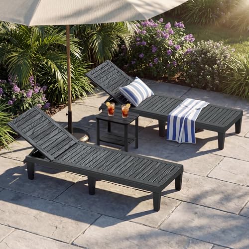 Outdoor Chaise Lounges, Patio Lounge Chair, Black Wood Grain, Set of 2