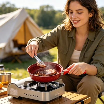 Non-Stick Cookware Set, 13 Piece Set Portable Lightweight Cast Iron Pots and Pans with Glass Lids and Nylon Utensils for Outdoor Camping Picnic Travel Cookware Red
