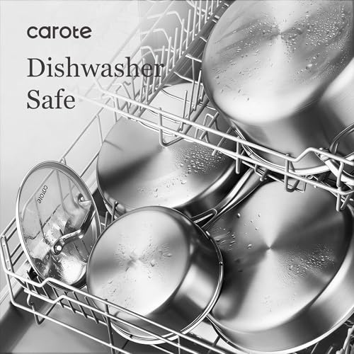 CAROTE 3-Piece Tri-Ply Stainless Steel Frying Pan Set, Skillet Set 8"/10"/12", Induction Compatible, Oven & Dishwasher Safe, Gold Handle, Mothers Day Gifts