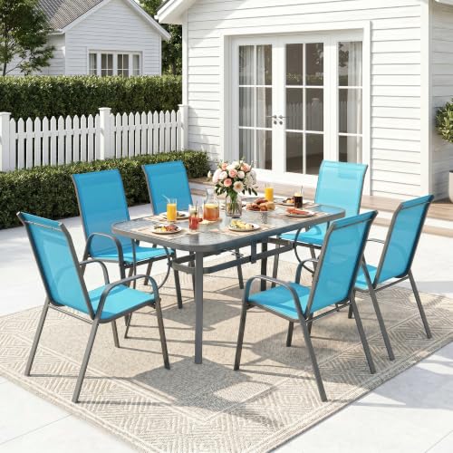 MAMIZO 7 Pieces Patio Dining Set for 6, Glass Table and Textilene Chairs