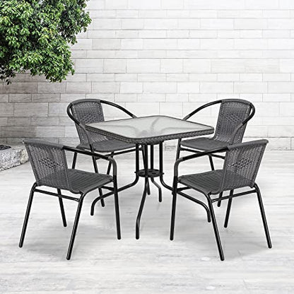 Flash Furniture 5-Piece 28" Square Indoor/Outdoor Patio Table and Chairs Set, Glass Metal Bistro Table and 4 Stacking Rattan Chairs, Gray