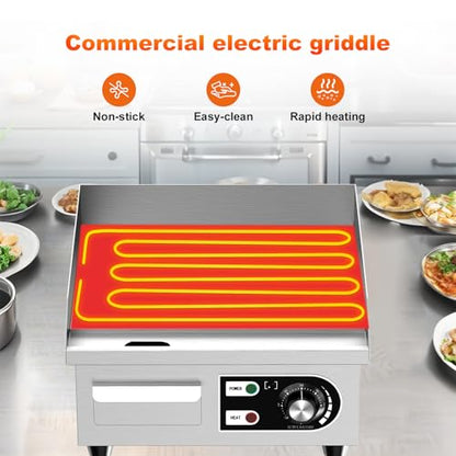 HTTSICHI 14’’ Commercial Electric Griddle - Electric Cast Iron Griddle w/Stainless Steel Material and Non-Stick, 110V Commercial Griddle w/ 1/2" Thick Iron Cooking Plate for Indoor and Restaurant