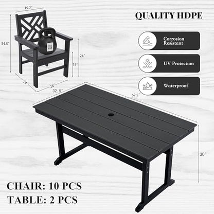 AZXZCS HDPE Dining Table Set for 10,12-Piece Outdoor Table and Chairs Include 10 Dining Chairs and 2 Pcs 62.5" Patio Dining Table with Umbrella Hole (Black)