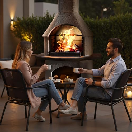 BIG HORN PRIME Concrete Outdoor Fireplace with Grill, Wood Burning Fireplace with Wood Storage and Chimney, Include Grill Rack & Charcoal Pan, 79.9”H