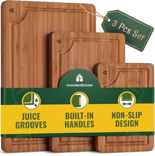 Wooden Cutting Board Set of 3 - Thick & Durable Bamboo Wood Cutting Boards for Kitchen - with Deep Juice Grooves & Built-In Handles - Large Surface, Easy to Clean - for Meat, Vegetables and Fruits