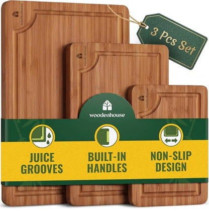 Wooden Cutting Board Set of 3 - Thick & Durable Bamboo Wood Cutting Boards for Kitchen - with Deep Juice Grooves & Built-In Handles - Large Surface, Easy to Clean - for Meat, Vegetables and Fruits