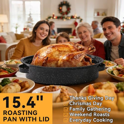 15.4” Roasting Pan With Lid, Oval Roaster Pan, Medium Roasting Pan For 10 Lb Turkey, Chicken, Lamb, Vegetables, Casserole, Lasagnaa