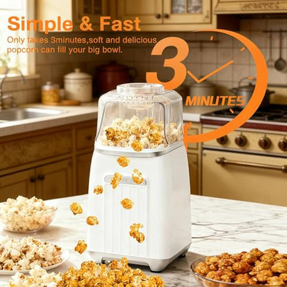 Hot Air Popcorn Maker, 1200W No Oil No Preheat Air Popcorn Popper, 2 Minutes Fast Heating Electric Popcorn Machine with Precision Measuring Cup, Easy to Clean Compact for Home Movie Night Party Office
