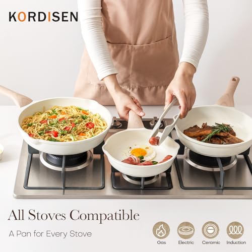 Kordisen Nonstick Ceramic Frying Pan Set, 3 Piece Ceramic Skillet Set, Healthy Non Toxic Cooking Pan, Stay-Cool Handle, Induction Compatible, PFOA & PFAS Free, White
