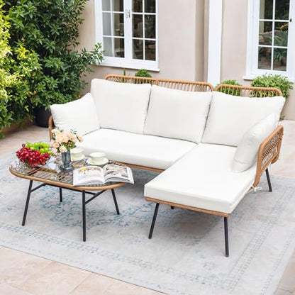 Greesum Outdoor Rope Woven Patio Furniture L-Shaped Conversation Sectional Sofa Set Detachable Lounger for Backyard Porch with Thick Cushions & Long Table, White