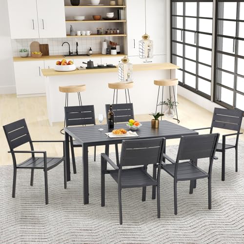 AECOJOY 7 Piece Outdoor Dining Set, 60" x 36" Aluminum Patio Table and Chairs Set for 6 with Rectangular Table and Stackable Chairs for Garden, Backyard, Black