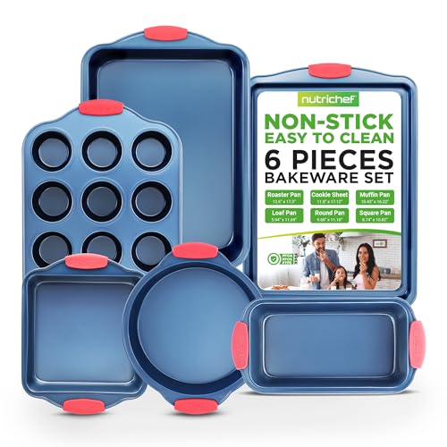 NutriChef 6-Piece Bakeware Set - Nonstick Carbon Steel Baking Pans with Red Silicone Handles, Blue Coating, Durable & Stain-Resistant, Perfect for Baking Cakes, Muffins, Cookies (Blue)