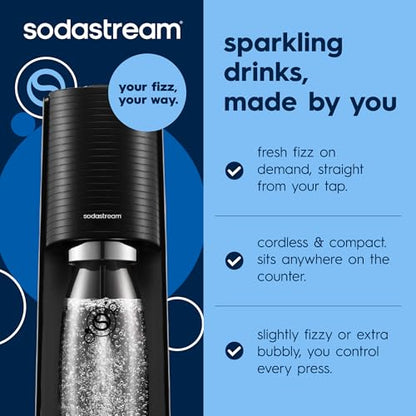 SodaStream TERRA Sparkling Water Maker, Value Bundle, CQC CO2 System, Includes 2 Quick Connect 60L CO2 Cylinders, 3 Dishwasher Safe BPA Free Bottles, 2 bubly Flavor Drops, Make your own Pepsi, Black