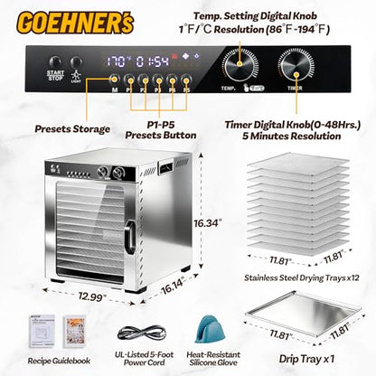 Osluken Food Dehydrator Machine 12 Tray, 11.6ft² 1100W Stainless Steel Dehydrator, 360° Uniform Heating, 48H Timer, 5 Presets, 86-194°F Quiet Dryer for Beef Jerky, Fruits, Herbs & Dog Treats