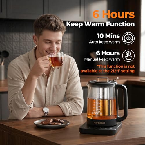 Narcissus Electric Kettle Temperature Control ±5℉, 1.8L Glass Electric Tea Kettle with Removable Infuser for Flowers & Fruit Tea, 1200W Fast Boiling, 6 Hours Keep Warming, Black