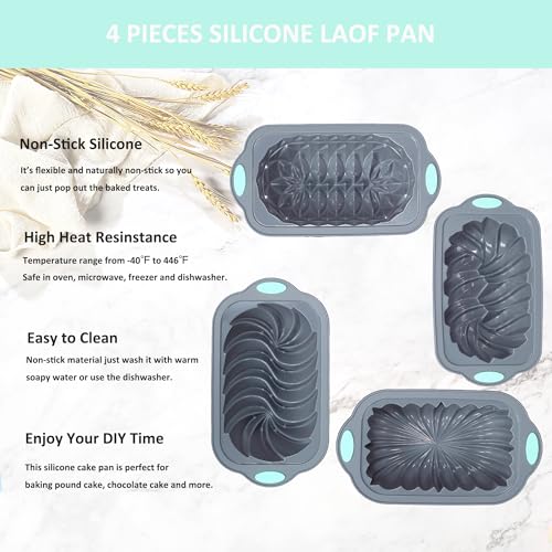 4 Piece Silicone Loaf Pan for Baking Bread, Non-Stick Kitchen Oven Bread Pan, Perfect for Banana Bread, Sandwich Bread, Pound Cake and Meatloaf, 4 Cups, Grey