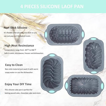 4 Piece Silicone Loaf Pan for Baking Bread, Non-Stick Kitchen Oven Bread Pan, Perfect for Banana Bread, Sandwich Bread, Pound Cake and Meatloaf, 4 Cups, Grey