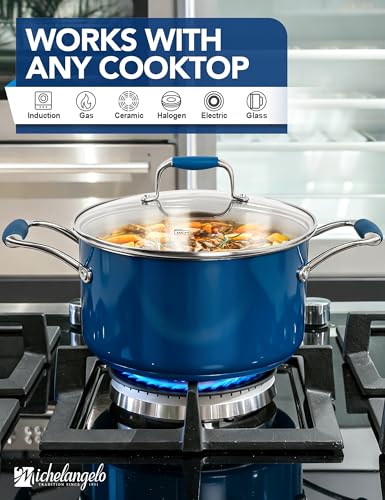 MICHELANGELO Stainless Steel Stock Pots - Induction Soup Pot with Lid, 6 Qt Non-Toxic Cooking Pot, Oven & Dishwasher Safe, Blue Exterior