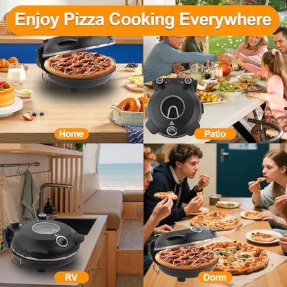 ECUMFFY Pizza Oven Indoor, 12 Inch Retro Pizza Maker, Rapid Heating 800˚F, 1200W Glazed Ceramic Stone Electric Pizza Cooker, Two-button Precise Temperature Control, Viewing Window for Precise Cooking