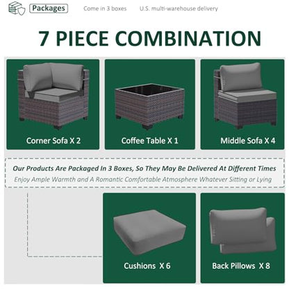 RTDTD 7 Pieces Outdoor Patio Furniture Set,Outdoor Sectional Furniture All Weather PE Rattan Wicker Patio Conversation Set with Coffee Table and 6 Thickened Cushions,Grey
