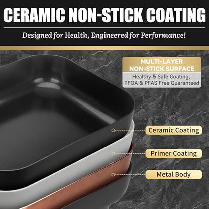 FineMade Family Size Electric Skillet with Lid, XL Electric Skillet, Deep Skillet, Temperature Control, Square 15 x 11.5 Inch Ceramic Nonstick Interior, Graphite