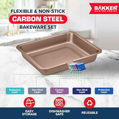 BAKKEN 6-Piece Kitchen Baking Pan Set - Commercial Grade Carbon Steel Bakeware, With Nonstick Coating, Stackable and Space-saving Design, PFOA, PFOS, PTFE Free, Oven Safe Tray (Up To 450°F), Brown