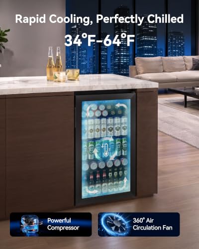 Feelfunn 3.2 Cu. Ft. Beverage Refrigerator, 126-Can Mini Fridge, 34-64°F