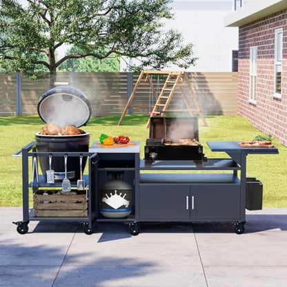 GDLF Outdoor Grill Cart for Big Green Egg& Blackstone Griddle, Metal Grill Table Compatible with Large Big Green Egg and 28"/36" Blackstone Griddle, Waterproof Cover Included