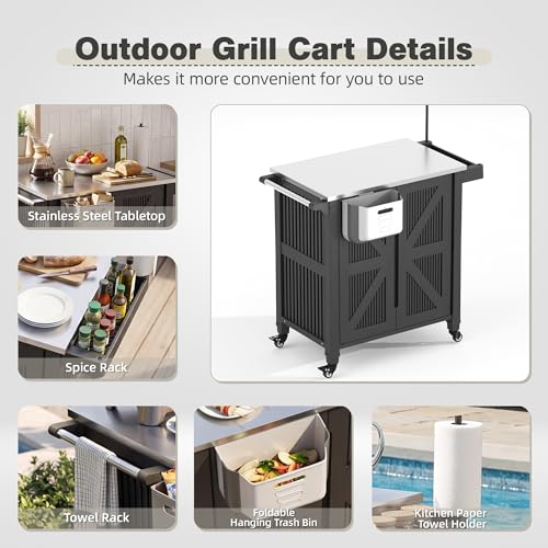 Outdoor Grill Cart with Stainless Steel Top, Outdoor Kitchen Island BBQ Prep Table, Storage Cabinet, Mobile Grill Cart with Folding Hanging Trash Bin, Wheels, Side Shelf for Patio, Garden, Picnic