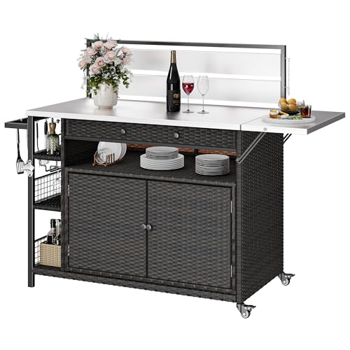 DWVO XL Outdoor Bar Table & Storage Cabinet, Wheels and Stainless Steel Extended Table Top, Patio Bar Table with Side Handle for Patio Kitchen or Bar Cart, Dark Brown