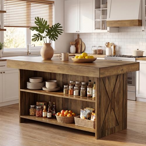 Tribesigns 55-Inch Kitchen Island with Storage Shelves, Farmhouse Island Table with Seating, Counter Height Bar Table for Kitchen, Dining Room, Easy to Assemble, Rustic Brown